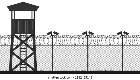 Prison tower, checkpoint, protection territory, watchtower, state border,military base. Street camera on the pillar. Fence wire mesh barbed wire, seamless vector silhouette