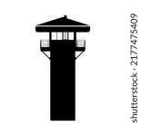 Prison Tower Silhouette, Watchtower Jail checkpoint Overlook Illustration.