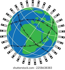 Prison towers are surrounded by the Globe. Total control over the entire population.