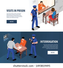 Prison Two Isometric Banners With Visitor And Prisoner In Visiting Room And Detective And Offender In Handcuffs In Interrogation Room Vector Illustration