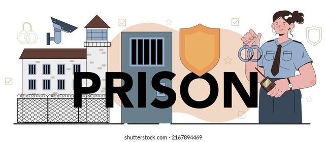 Prison typographic header. Police officer convoying angry arrested criminal in orange jumpsuit to a prison. Convict people monitoring. Flat vector illustration