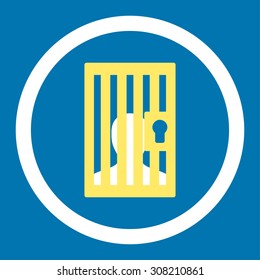 Prison vector icon. This rounded flat symbol is drawn with yellow and white colors on a blue background.