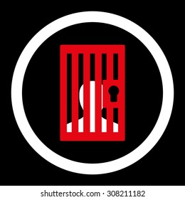 Prison vector icon. This rounded flat symbol is drawn with red and white colors on a black background.