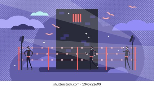 Prison vector illustration. Flat tiny jail security guards persons concept. Crime freedom punishment symbol with secure fences. Penitentiary authority system for guilty inmates captivity surveillance.