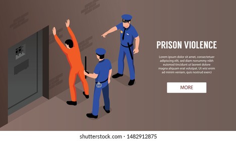 Prison violence horizontal banner with two policemen and detained standing near door of camera with his hands up vector illustration 