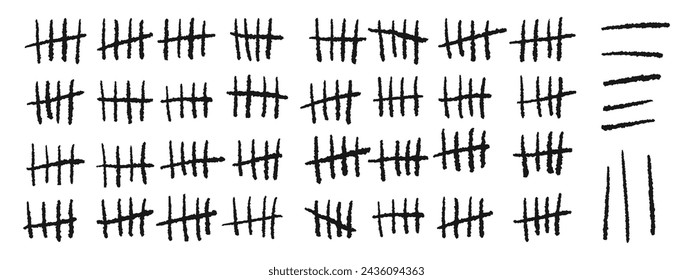 Prison wall counter. Black and white tally stroke. Counting waiting number marks isolated on white wall. Black slash scratches.