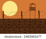 Prison Wall with Guard Tower Silhouette. Military seclusion and restricted areas concept vector