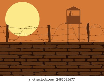 Pared de la prisión con la silueta de la torre de guardia. Concepto de reclusión militar y zonas restringidas Vector