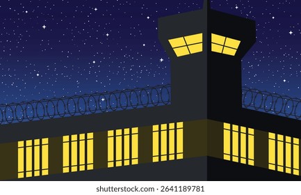 Prison Watchtower Vector Illustration - Night Scene with Barbed Wire Fence, Glowing Windows and Starry Sky Background