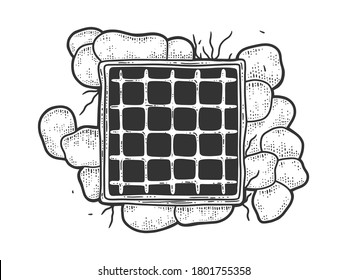 prison window with bars sketch engraving vector illustration. T-shirt apparel print design. Scratch board imitation. Black and white hand drawn image.