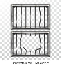 Prison Window And Broken Metallic Bars Set Vector. Damaged Prison Metal Steel Lattice. Gaol Jail Security Grunge Iron Grid, Confine Cage Realistic Illustrations