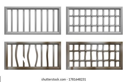 Prison window with metal bars and grate. Vector realistic set of window grid of steel rods in jail cage. Old rusty and broken grilles for prison cell isolated on white background