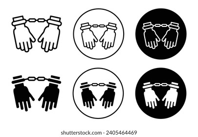 Gefangener Festgenommen Symbol Set. Dieb mit Handschellen festgenommen, im Gefängnis umrissenes Vektorsymbol schwarz-weiß einzeln