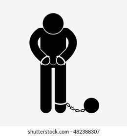 Prisoner With Ball On Chain And Handcuffs. Isolated On White Background. Flat Vector Illustration