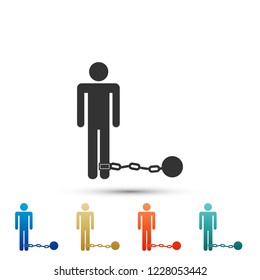 Prisionero con icono de bola en cadena aislado en fondo blanco. Establecer elementos en iconos de color. Diseño plano. Ilustración vectorial