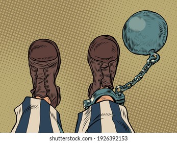 a prisoner with a ball on his leg feet shoes profession. Pop art retro vector illustration vintage kitsch 50s 60s style
