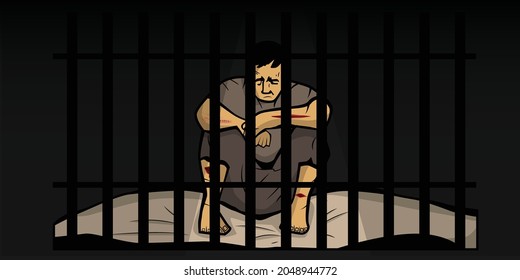 Prisionero detrás del bar de fondo oscuro