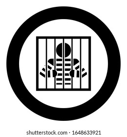 Prisoner behind bars holds rods with his hands Angry man watch through lattice in jail Incarceration concept icon in circle round black color vector illustration flat style image