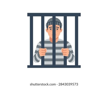 Prisoner Behind Bars Icon – Black Silhouette with Striped Uniform, Confinement Symbol for Jail, Crime, Punishment, Law Enforcement, and Justice System Illustrations