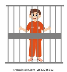 Prisoner behind bars of prison cell. Punishment system for crimes and violations of the law. Prisoner man concept. Criminal in prison. Lawbreakers with punishment. Justice and law