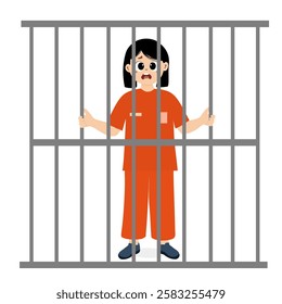 Prisoner behind bars of prison cell. Punishment system for crimes and violations of the law. Prisoner woman concept. Criminal in prison. Lawbreakers with punishment. Justice and law