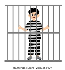 Prisoner behind bars of prison cell. Punishment system for crimes and violations of the law. Prisoner man concept. Criminal in prison. Lawbreakers with punishment. Justice and law