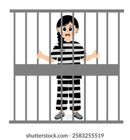 Prisoner behind bars of prison cell. Punishment system for crimes and violations of the law. Prisoner woman concept. Criminal in prison. Lawbreakers with punishment. Justice and law