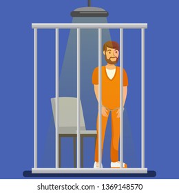 Prisoner behind Metal Bars Vector Illustration. Handcuffed Jailed Man Standing in Cell, Cage Cartoon Character. Imprisoned Bearded Lawbreaker, Culprit, Thief, Robber Wearing Orange Uniform
