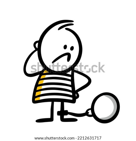 Prisoner with a chain and a weight on his leg doodle hand drawn illustration. Vector image of funny sketch character.