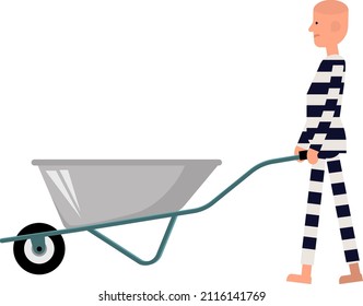 A prisoner in a concentration camp rolling a cart in front of him. A concentration camp prisoner in a striped robe