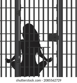 Prisoner concept. Prison bar and woman silhouette sitting in calm yoga pose. Vector