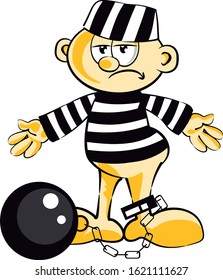 Prisoner, convicted in jail with a ball chained to his leg with shackles. Black and white striped convict dress. Vector illustration in cartoon style available in EPS 10.