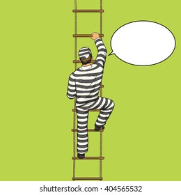Prisoner crawling on a rope ladder pop art style vector illustration. Human illustration. Comic book style imitation. Vintage retro style. Conceptual illustration