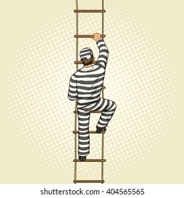 Prisoner crawling on a rope ladder pop art style vector illustration. Human illustration. Comic book style imitation. Vintage retro style. Conceptual illustration