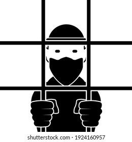 The prisoner criminal is being held behind bars. Flat vector illustration isolated on white.