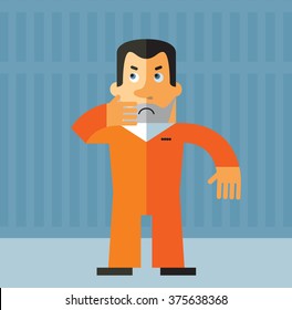 Prisoner doubting. Flat style vector illustration on gray background. American prisoner in orange uniform