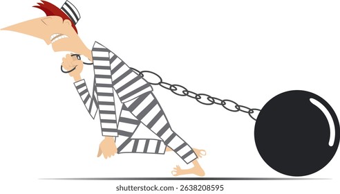 Prisoner dragging an iron ball. 
Cartoon prisoner drags a big iron ball on to his shoulder
