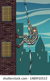 A prisoner escapes from prison. The descent from the heights of related sheets. Jailbreak. Comic cartoon pop art retro illustration hand drawing