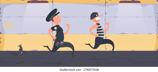 A Prisoner Escapes From Prison. Escape The Criminal. 
Policeman Runs After The Criminal. Cartoon Style. Vector.