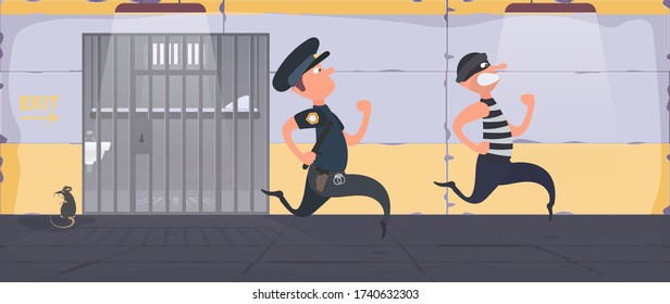 A Prisoner Escapes From Prison. Escape The Criminal. 
Policeman Runs After The Criminal. Cartoon Style. Vector.