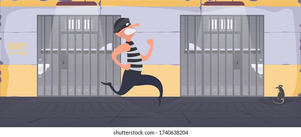 A Prisoner Escapes From Prison. Escape The Criminal. Prison Cell With Metal Bars. Cartoon Style. Vector.