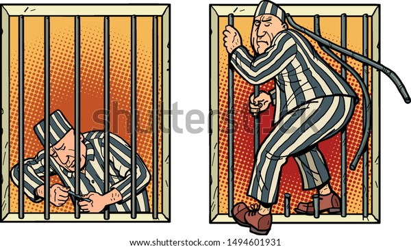 A prisoner escapes from prison. Jailbreak. Comic cartoon pop art retro illustration hand drawing
