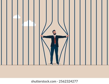 Prisoner escapes from prison on freedom. Anxiety or depression, solitude, fear to get outside. Modern flat style vector illustration