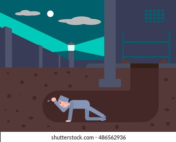 Prisoner escapes from prison through a tunnel. Cartoon colorful vector illustration