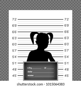 Prisoner female silhouette front with police data board on wall scale background