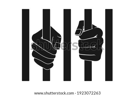 Prisoner fists behind bars or hands holding prison bars in vector silhouette