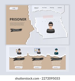 Prisoner flat landing page website template. Thief, hacker, police officer. Web banner with header, content and footer. Vector illustration.