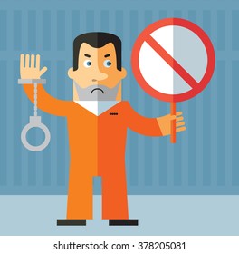 Prisoner with forbidden sign. Flat style vector illustration on gray background. American prisoner in orange uniform