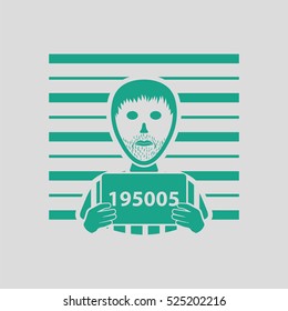 Prisoner in front of wall with scale icon. Gray background with green. Vector illustration.