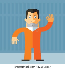 Prisoner gesturing okay. Flat style vector illustration on gray background. American prisoner in orange uniform